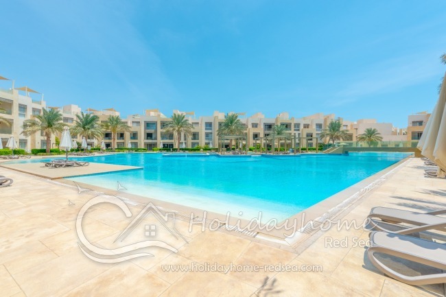 Großer Gemeinschaftspool mit Sonnenliegen 